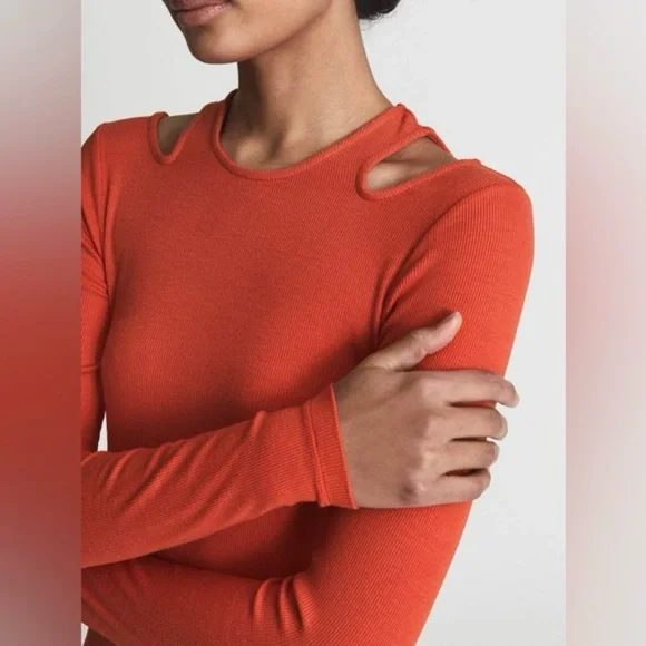 SOLD 🛑 Reiss Laurel Orange Ribbed Cutout Long Sleeve Top NWT - Picture 2 of 11